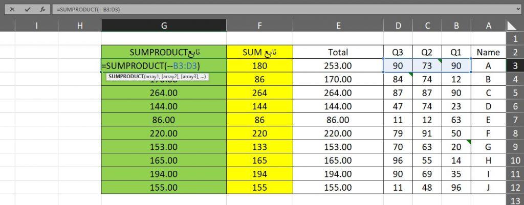 تابع sumproduct در اکسل