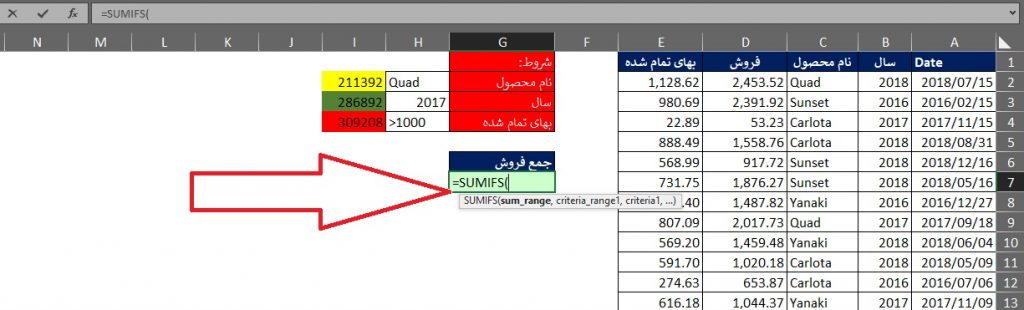 مثال تابع SUMIF در اکسل