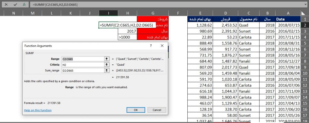 تابع SUMIF در اکسل