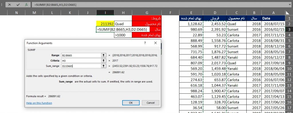 تابع SUMIF در اکسل
