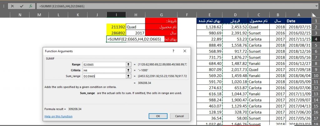مثال تابع SUMIF در اکسل